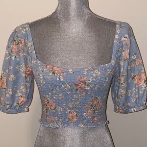 Romantic Boho Floral Blue Smocked Peasant Crop Top Size XS